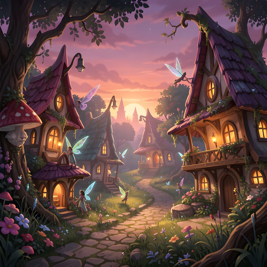 Whimsical Village Sunset