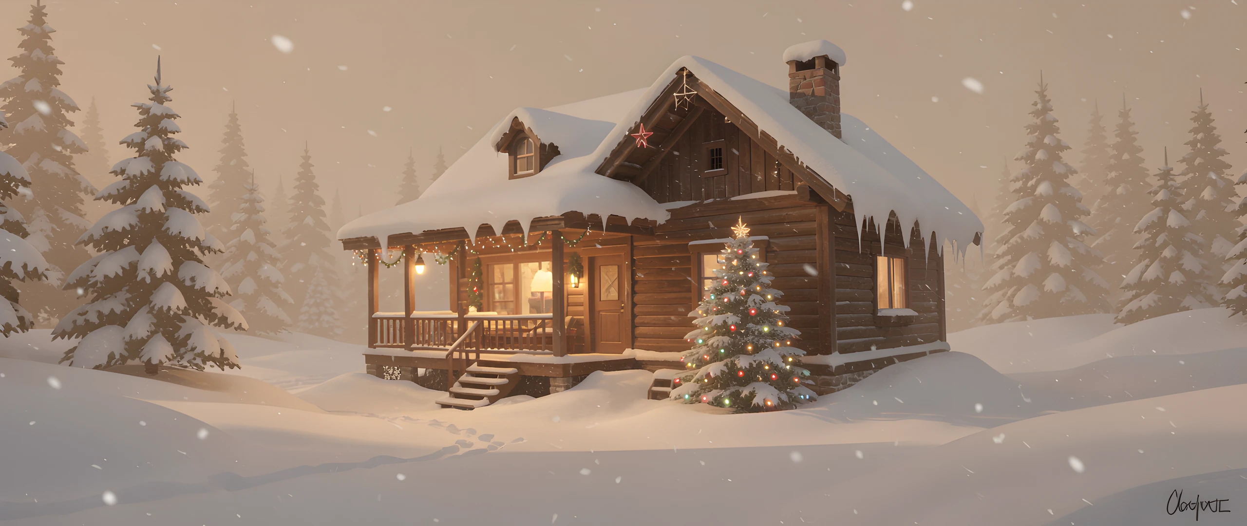 Snowy Cabin Scene