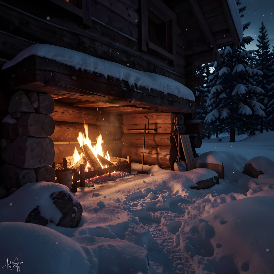 Snowy Cabin Night