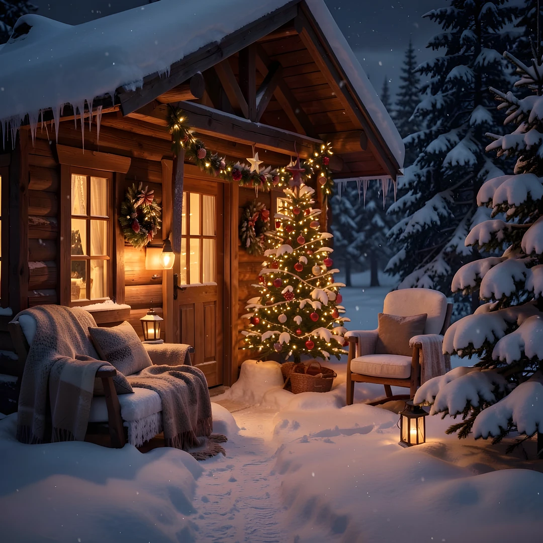 Snowy Cabin Night