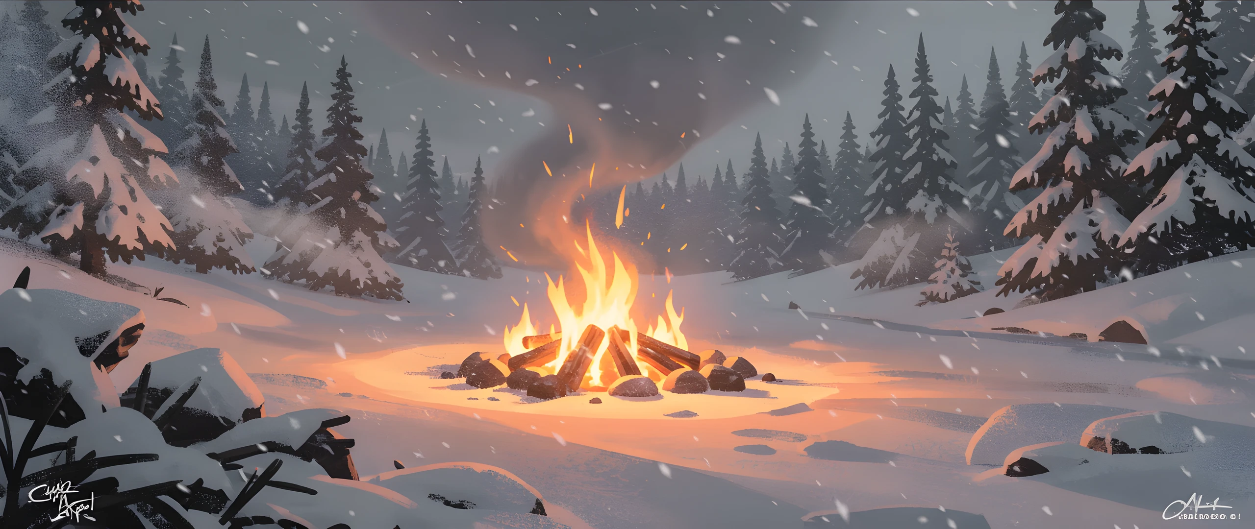 Snowy Cabin Night