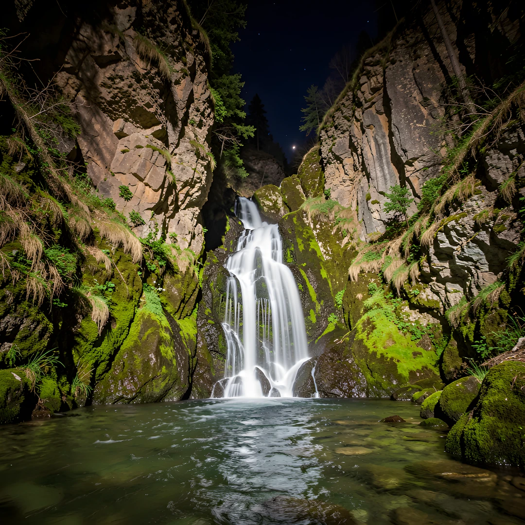 Misty Waterfall Night