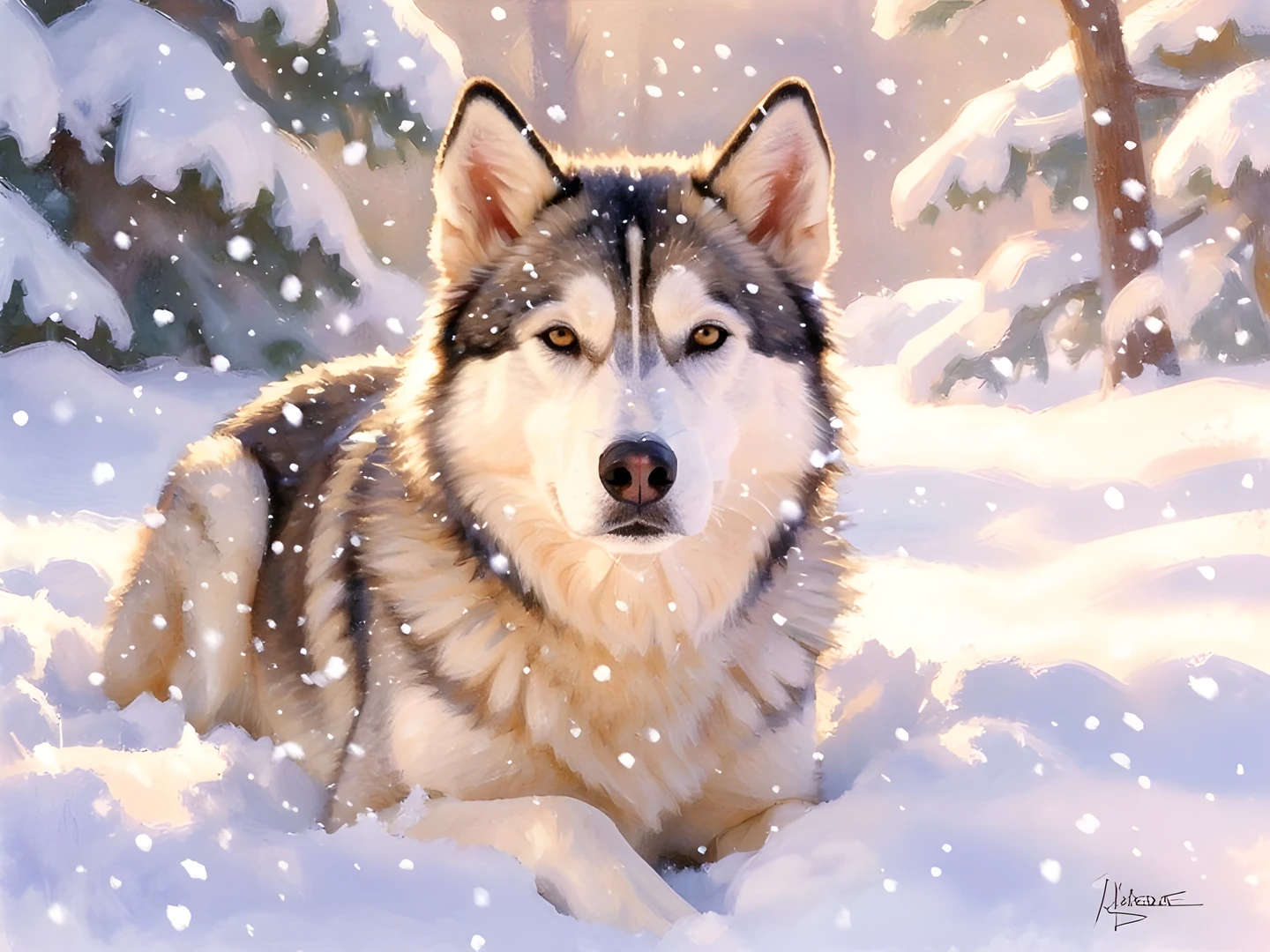 Husky Snow Scene