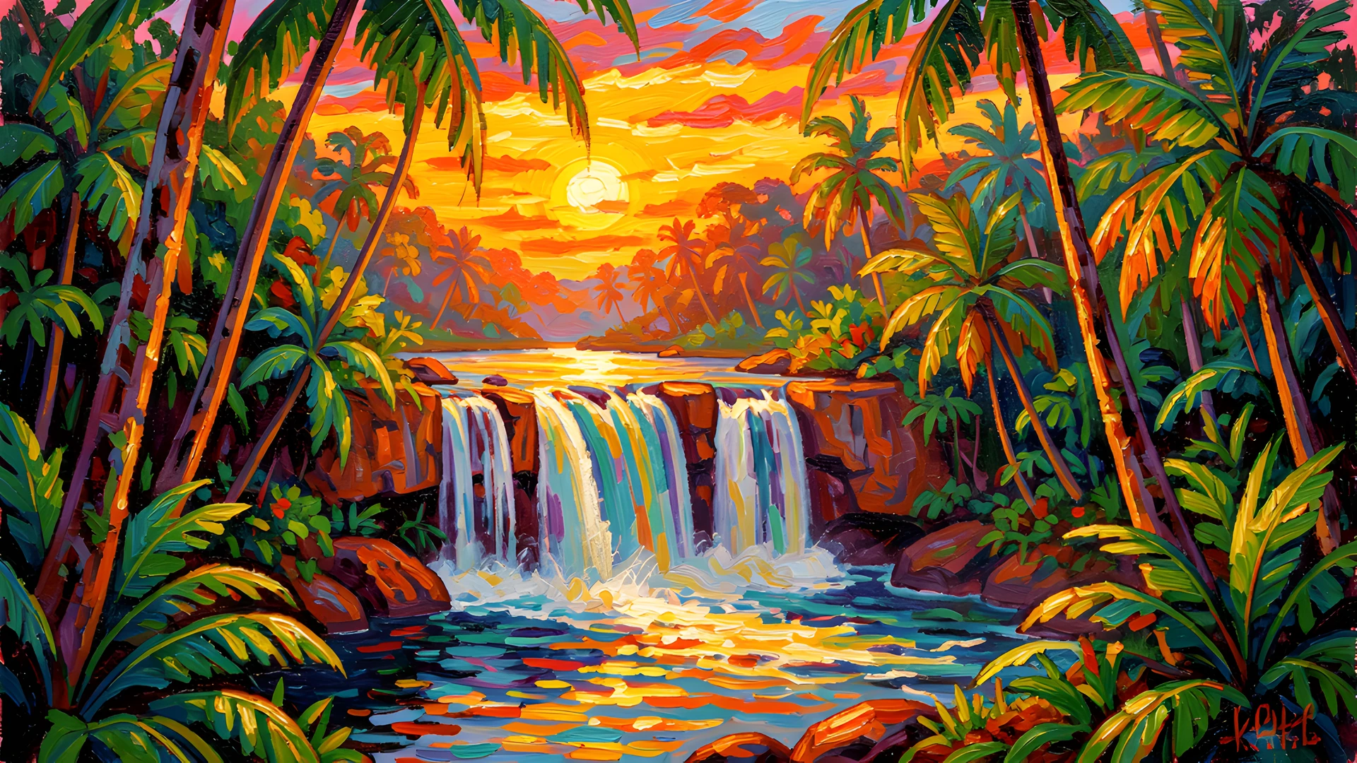 Jungle Sunset Waterfall